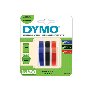 DYMO 3D CONFEZIONE 3xNASTRO IN VINILE PER ETICHETTE 9MM x 3MT COLORI ROSSO+BLU+NERO STAMPA BIANCO